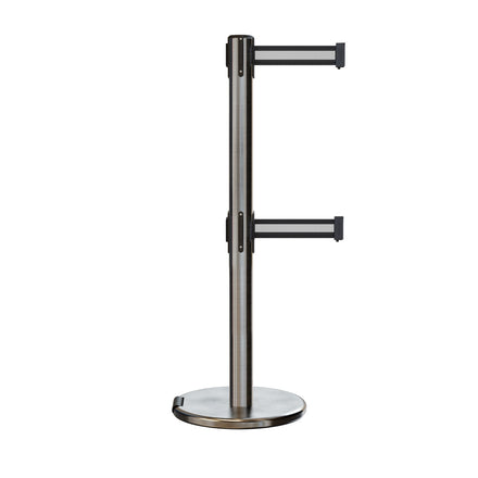Retractable Dual Belt Barrier Stanchion, Rolling Base, Satin Stainless Steel Post, 9 ft Belt - Montour Line ME630D