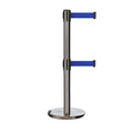 Retractable Dual Belt Barrier Stanchion, Rolling Base, Satin Stainless Steel Post, 13 ft Belt - Montour Line ME630D