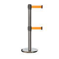Retractable Dual Belt Barrier Stanchion, Rolling Base, Satin Stainless Steel Post, 13 ft Belt - Montour Line ME630D