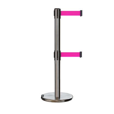Retractable Dual Belt Barrier Stanchion, Rolling Base, Satin Stainless Steel Post, 13 ft Belt - Montour Line ME630D