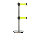 Retractable Dual Belt Barrier Stanchion, Rolling Base, Satin Stainless Steel Post, 7.5 ft Belt - Montour Line ME630D
