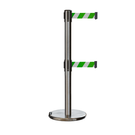 Retractable Dual Belt Barrier Stanchion, Rolling Base, Satin Stainless Steel Post, 7.5 ft Belt - Montour Line ME630D