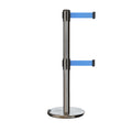 Retractable Dual Belt Barrier Stanchion, Rolling Base, Satin Stainless Steel Post, 7.5 ft Belt - Montour Line ME630D