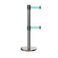 Retractable Dual Belt Barrier Stanchion, Rolling Base, Satin Stainless Steel Post, 7.5 ft Belt - Montour Line ME630D