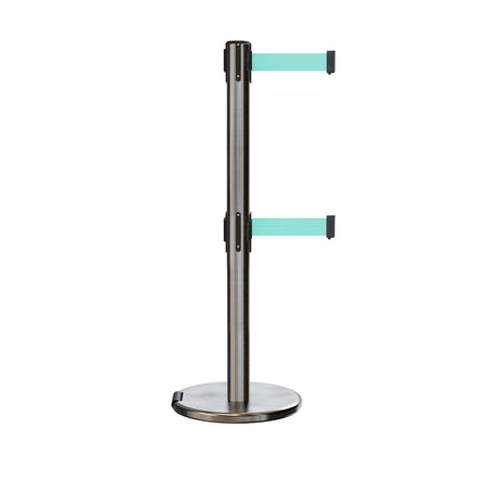 Retractable Dual Belt Barrier Stanchion, Rolling Base, Satin Stainless Steel Post, 7.5 ft Belt - Montour Line ME630D