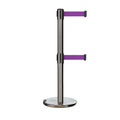 Retractable Dual Belt Barrier Stanchion, Rolling Base, Satin Stainless Steel Post, 7.5 ft Belt - Montour Line ME630D