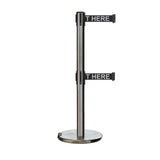 Retractable Dual Belt Barrier Stanchion, Rolling Base, Satin Stainless Steel Post, 13 ft Belt - Montour Line ME630D