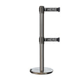 Retractable Dual Belt Barrier Stanchion, Rolling Base, Satin Stainless Steel Post, 13 ft Belt - Montour Line ME630D