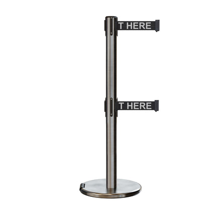 Retractable Dual Belt Barrier Stanchion, Rolling Base, Satin Stainless Steel Post, 13 ft Belt - Montour Line ME630D