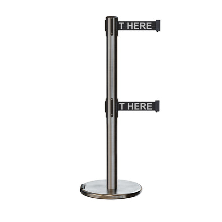 Retractable Dual Belt Barrier Stanchion, Rolling Base, Satin Stainless Steel Post, 7.5 ft Belt - Montour Line ME630D