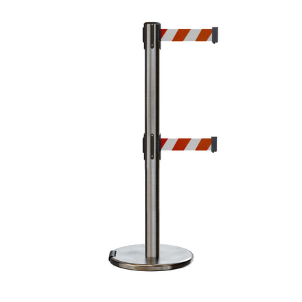Retractable Dual Belt Barrier Stanchion, Rolling Base, Satin Stainless Steel Post, 13 ft Belt - Montour Line ME630D