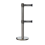 Retractable Dual Belt Barrier Stanchion, Rolling Base, Satin Stainless Steel Post, 13 ft Belt - Montour Line ME630D