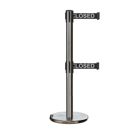 Retractable Dual Belt Barrier Stanchion, Rolling Base, Satin Stainless Steel Post, 13 ft Belt - Montour Line ME630D