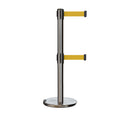 Retractable Dual Belt Barrier Stanchion, Rolling Base, Satin Stainless Steel Post, 13 ft Belt - Montour Line ME630D