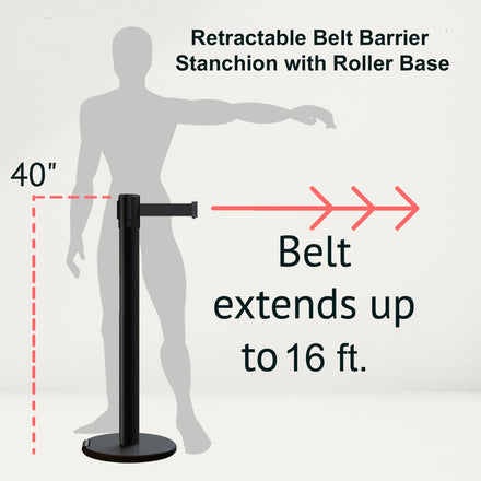 Retractable Belt Barrier Stanchion, Rolling Base, 16 ft Belt - Montour Line ME650