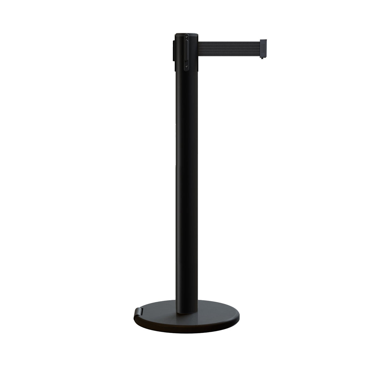 Retractable Dual Belt Barrier Stanchion, Rolling Base, Black Steel Post, 14 ft Belt - Montour Line ME650