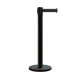 Retractable Dual Belt Barrier Stanchion, Rolling Base, Black Steel Post, 14 ft Belt - Montour Line ME650