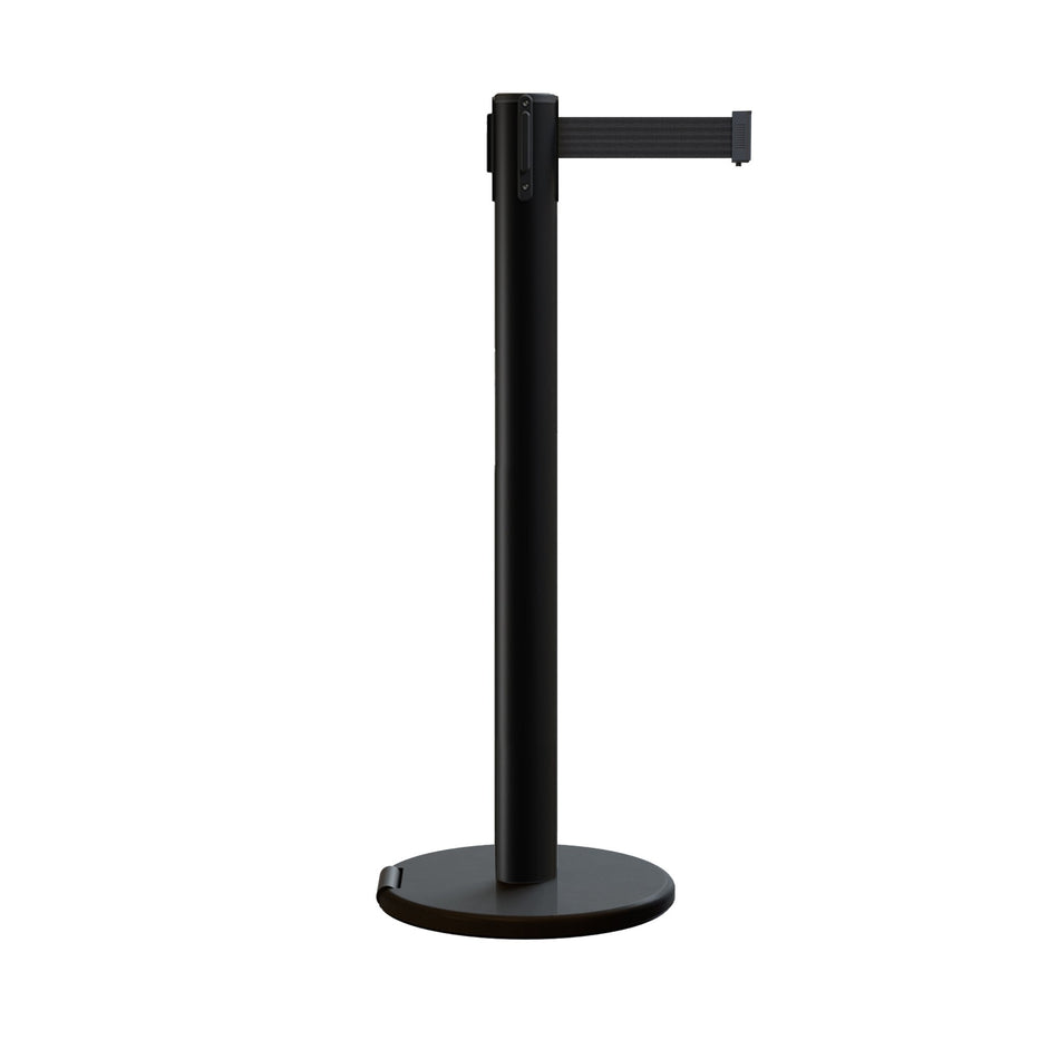 Retractable Dual Belt Barrier Stanchion, Rolling Base, Black Steel Post, 16 ft Belt - Montour Line ME650