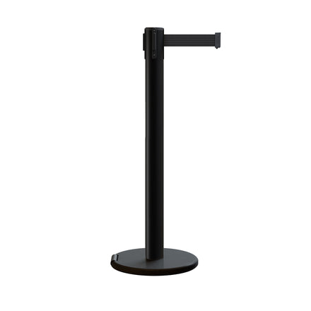 Retractable Dual Belt Barrier Stanchion, Rolling Base, Black Steel Post, 16 ft Belt - Montour Line ME650