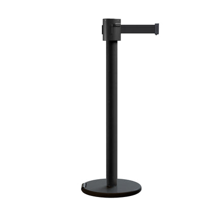 Retractable Belt Barrier Stanchion, Roller Base, Black Powder Coated Post, 35 ft Belt - Montour Line ME760