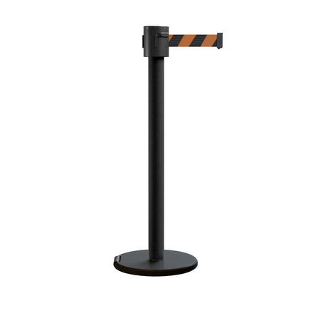 Retractable Belt Barrier Stanchion, Roller Base, Black Powder Coated Post, 35 ft Belt - Montour Line ME760