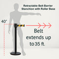 Retractable Belt Barrier Stanchion, Roller Base, Black Powder Coated Post, 35 ft Belt - Montour Line ME760