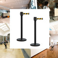 Retractable Belt Barrier Stanchion, Roller Base, Black Powder Coated Post, 35 ft Belt - Montour Line ME760
