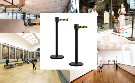 Retractable Belt Barrier Stanchion, Roller Base, Black Powder Coated Post, 35 ft Belt - Montour Line ME760