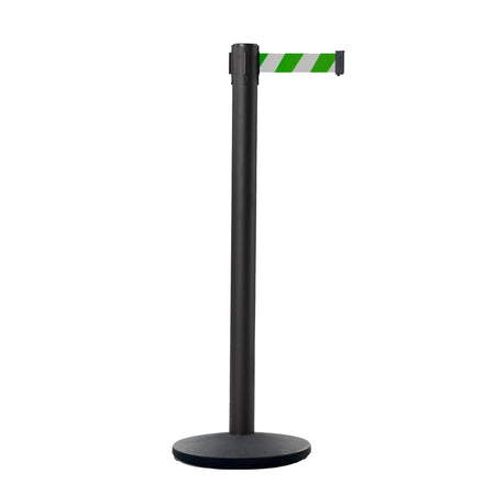 Retractable Belt Barrier Stanchion, Black Post, Cast Iron Base, 7.5 Ft. Belt - Montour Line MI630