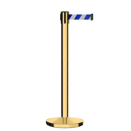Retractable Belt Barrier Stanchion, Polished Brass Post, Cast Iron Base, 9 Ft. Belt - Montour Line MI630