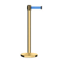 Retractable Belt Barrier Stanchion, Polished Brass Post, Cast Iron Base, 7.5 Ft. Belt - Montour Line MI630