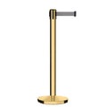 Retractable Belt Barrier Stanchion, Polished Brass Post, Cast Iron Base, 7.5 Ft. Belt - Montour Line MI630