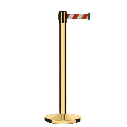 Retractable Belt Barrier Stanchion, Polished Brass Post, Cast Iron Base, 11 Ft. Belt - Montour Line MI630