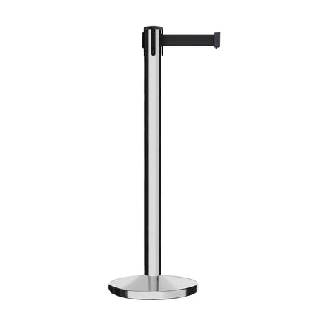 Retractable Belt Barrier Stanchion, Polished Stainless Steel Post, Cast Iron Base, 11 Ft. Belt - Montour Line MI630