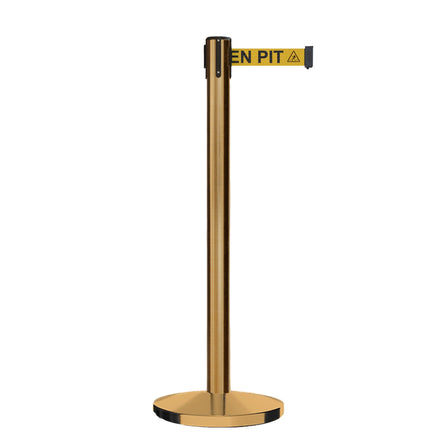 Retractable Belt Barrier Stanchion, Satin Brass Post, Cast Iron Base, 7.5 Ft. Belt - Montour Line MI630