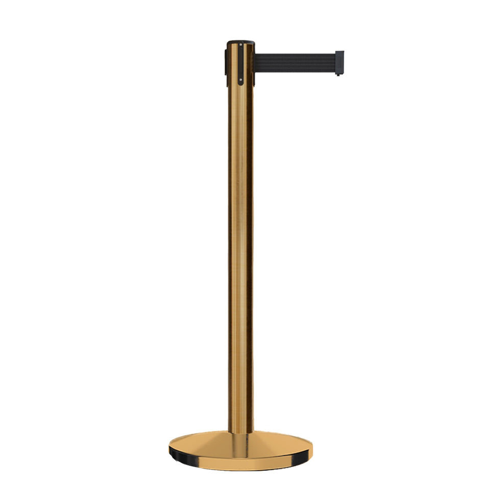 Retractable Belt Barrier Stanchion, Satin Brass Post, Cast Iron Base, 7.5 Ft. Belt - Montour Line MI630