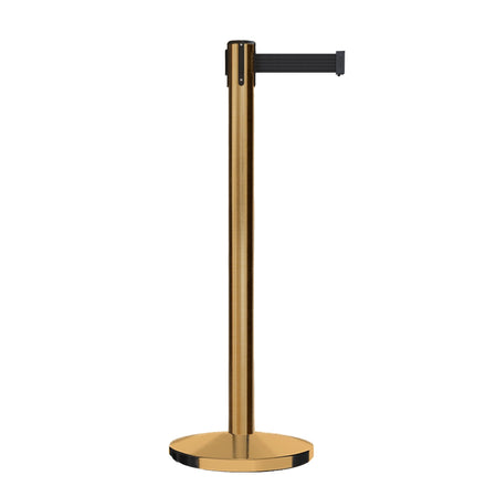 Retractable Belt Barrier Stanchion, Satin Brass Post, Cast Iron Base, 13 Ft. Belt - Montour Line MI630