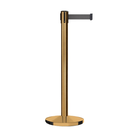 Retractable Belt Barrier Stanchion, Satin Brass Post, Cast Iron Base, 13 Ft. Belt - Montour Line MI630