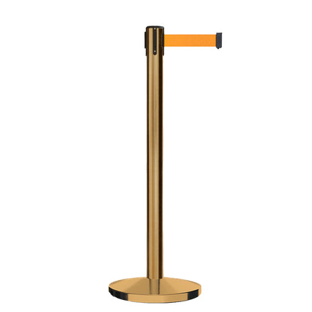 Retractable Belt Barrier Stanchion, Satin Brass Post, Cast Iron Base, 7.5 Ft. Belt - Montour Line MI630
