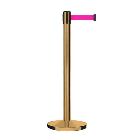 Retractable Belt Barrier Stanchion, Satin Brass Post, Cast Iron Base, 7.5 Ft. Belt - Montour Line MI630