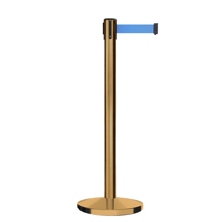 Retractable Belt Barrier Stanchion, Satin Brass Post, Cast Iron Base, 7.5 Ft. Belt - Montour Line MI630