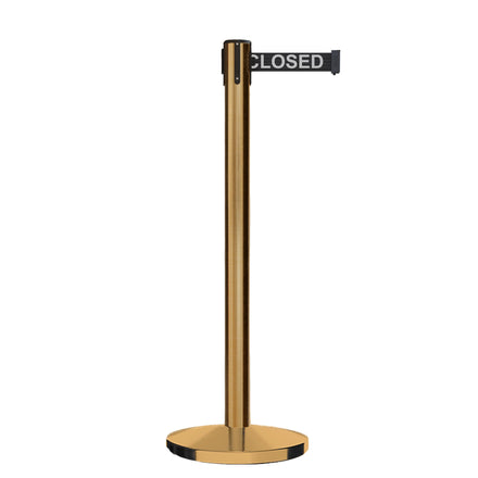 Retractable Belt Barrier Stanchion, Satin Brass Post, Cast Iron Base, 7.5 Ft. Belt - Montour Line MI630