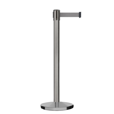 Retractable Belt Barrier Stanchion, Satin Stainless Steel, Cast Iron Base, 11 Ft. Belt - Montour Line MI630