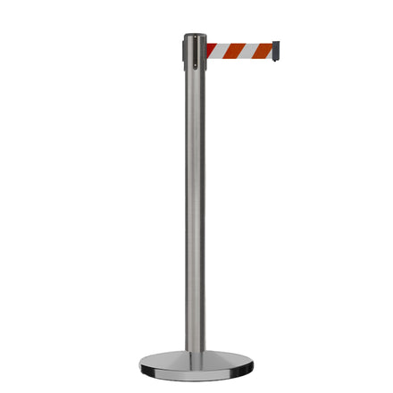 Retractable Belt Barrier Stanchion, Satin Stainless Steel, Cast Iron Base, 11 Ft. Belt - Montour Line MI630