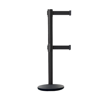 Retractable Dual Belt Belt Barrier Stanchion, Black Post, Cast Iron Base, 7.5 Ft. Belt - Montour Line MI630D