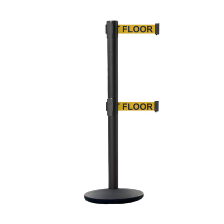 Retractable Dual Belt Belt Barrier Stanchion, Black Post, Cast Iron Base, 9 Ft. Belt - Montour Line MI630D