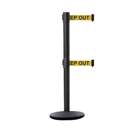 Retractable Dual Belt Belt Barrier Stanchion, Black Post, Cast Iron Base, 11 Ft. Belt - Montour Line MI630D