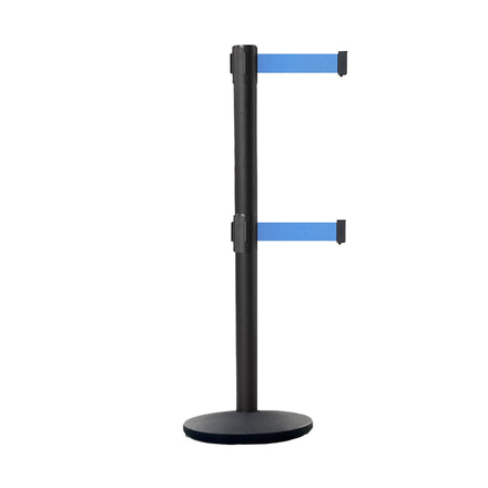 Retractable Dual Belt Belt Barrier Stanchion, Black Post, Cast Iron Base, 9 Ft. Belt - Montour Line MI630D