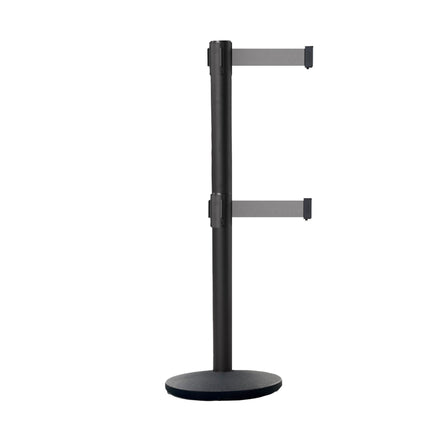 Retractable Dual Belt Belt Barrier Stanchion, Black Post, Cast Iron Base, 9 Ft. Belt - Montour Line MI630D