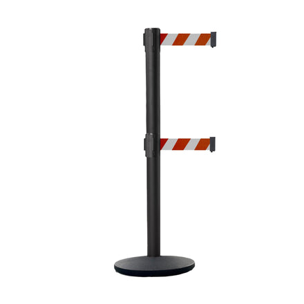 Retractable Dual Belt Belt Barrier Stanchion, Black Post, Cast Iron Base, 11 Ft. Belt - Montour Line MI630D